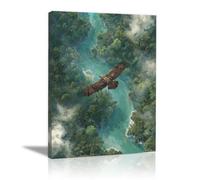 TERUEA Impression sur toile - Portrait d'animaux sauvages - Aigle Volant Vue Aérienne Forêt Verte Rivière Brume - Poster de décoration d'intérieur(Vert)-30x45cm Encadrée