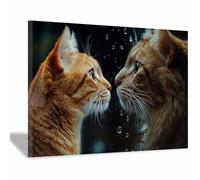 TERUEA Impression sur toile - Portrait d'animaux sauvages - Design 2 Chats Oranges Face à Face Gouttes Eau, Poster de décoration d'intérieur(Orange)-70x100cm1 Encadrée