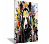 TERUEA Impression sur toile - Portrait d'animaux sauvages - Peinture murale d’ours avec casques audio en, décoration animale cool - Poster de décoration d'intérieur(Bleu-blanc)-60x90cm1 Encadrée