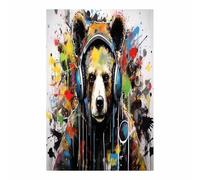 TERUEA Impression sur toile - Portrait d'animaux sauvages - Peinture murale d’ours avec casques audio en, décoration animale cool - Poster de décoration d'intérieur(Bleu-blanc)-40x60cm1 Sans cadre
