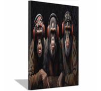 TERUEA Impression sur toile - Portrait d'animaux sauvages - Peinture murale de chimpanzés tendance avec casques audio, décoration unique - Poster de décoration d'intérieur(Marron)-60x90cm1 Encadrée