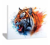TERUEA Impression sur toile - Portrait d'animaux sauvages - Tigre rugissant art aux éclaboussures - Poster de décoration d'intérieur(Orange)-80x120cm1 Encadrée