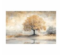 TERUEA Paysage de montagne traditionnel avec fleurs Arbre Automne Doré Reflet Scène, Peinture décorative sur toile - Affiches murales et image d'art (Gold)-70x100cm Sans cadre