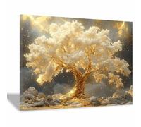 TERUEA Paysage de montagne traditionnel avec fleurs Arbre Blanc Doré Ciel Étoilé Rocher (Or)-20x30cm1 Encadrée