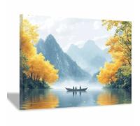 TERUEA Paysage de montagne traditionnel avec fleurs Arbre Jaune Montagne Lac Bateau Automne (Jaune)-60x90cm1 Encadrée