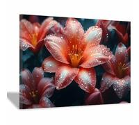 TERUEA Paysage de montagne traditionnel avec fleurs Décoration Florale Moderne Botanique Maison Moderne Impression sur Toile Image Tableau Decoration Murale(Orange Corail)-70x100cm1 Encadrée