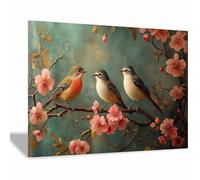 TERUEA Peintures colorées d'animaux sauvages, Design 3 Oiseaux Branche Fleurs, Décoration murale - Impressions abstraites d'animaux pour le salon(Rose)-20x30cm1 Encadrée