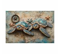 TERUEA Peintures colorées d'animaux sauvages, Design Tortues Marines Nautique Boussole, Décoration murale - Impressions abstraites d'animaux pour le salon(Bleu et Blanc)-80x120cm1 Sans cadre