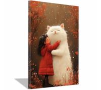 TERUEA Pop Art Féminin Toile Peinture Tableau Decoration Murale, Fille et animal Géant Câlin Forêt Neigeuse Automne Toile Affiche Salon Chambre Moderne Aesthetic Room Decor(Rouge)-30x45cm1 Encadrée