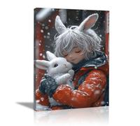 TERUEA Pop Art Modèle Féminin Toile Peinture Tableau Decoration Murale, Garçon tenant un lapin Affiche Salon Chambre Maison Décoratifs Moderne Aesthetic Room Decor(Blanc)-20x30cm1 Encadrée