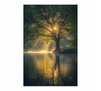 TERUEA Poster animal mignon et jolies fleurs, Rayon Soleil Arbre Réflexion Lac Moderne Impression sur Toile Image Tableau Decoration Murale(Doré)-60x90cm Sans cadre