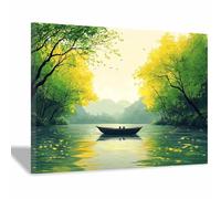 TERUEA poster décoratif sur toile, affiches murales et image d'art moderne pour chambre à coucher Paysage de montagne traditionnel avec fleurs Paysage Bateau sur Rivière (Vert)-80x120cm1 Encadrée
