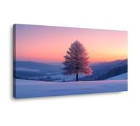 TERUEA poster décoratif sur toile, Champ enneigé Arbre solitaire Couché de soleil Design, Peinture décorative sur toile - Impression moderne(Violet )-30x60cm1 Encadrée