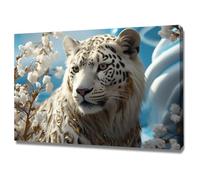 TERUEA Poster sur toile représentant des animaux - Léopard Blanc Incrustation Or Fleur Blanche Bleu Clair Décoration murale - Pour salon, chambre à coucher(Bleu)-20x30cm Encadrée