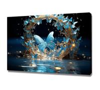 TERUEA Poster sur toile représentant un animal, Couronne Dorée Papillon Cristal Bleu Surface Eau Art mural minimaliste moderne et décoratif(Gold)-70x100cm Encadrée