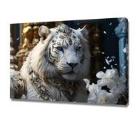 TERUEA Poster sur toile représentant un animal, Tigre Joyaux Gemme Bleue Ornement Doré Orchidée Blanche Art mural minimaliste moderne et décoratif(Bleu)-40x60cm Encadrée