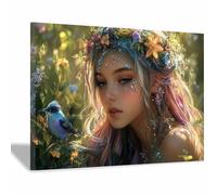 TERUEA Poster vintage Renaissance féminin sur toile - Fée Fantaisie Oiseau Bleu Champ Fleurs et impressions sur toile, peinture murale, décoration d'intérieur,(Bleu)-60x90cm1 Encadrée