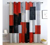 TERUEA Rideau Motif Style Abstrait, Rouge Noir Blanc Gris Abstrait Géométrique Carré Abstrait Rideaux Thermiques pour Chambre et Salon-H230 x L130 cm (2 Panneaux)