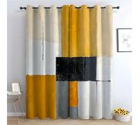 TERUEA Rideau Occultant Thermiques Abstrait Moderne - Jaune Noir Blanc Gris Abstrait Géométrique Carré Rideaux Imprimé pour Salon Chambre Fenetre Cuisine-H160 x L70 cm (2 Panneaux)