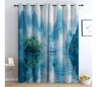 TERUEA Rideaux à Motif Floral, Motif botanique Aquarelle de Montagnes brumeuses avec Bateau sur lac Rideaux Fenetre Chambre Salon Intérieurs-H220 x L132 cm (2 Panneaux)