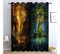 TERUEA Rideaux Style Peinture de Paysage, Rideau Double Face Lac et Arbres Lumineux Magiques Campagne, décoration Naturelle pour Salon et Chambre à Coucher(Or)-H160 x L100 cm (2 Panneaux)