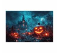 TERUEA Sorcière Halloween Murale Decoration citrouilles d’Halloween dans un cimetière sombre avec des motifs brûlés Halloween Horreur Nuit Toile Fond pour (Bleu brume)-60x90cm1 Sans cadre