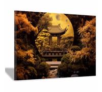 TERUEA Tableau mural Fleurs Impression sur Toile Intissee Decotation Salon Jardin Oriental Chinois Porte Lune Scène, Painting Impression sur Toile des Elégantes(Gold)-20x30cm Encadrée
