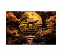 TERUEA Tableau mural Fleurs Impression sur Toile Intissee Decotation Salon Jardin Oriental Chinois Porte Lune Scène, Painting Impression sur Toile des Elégantes(Gold)-60x90cm Sans cadre