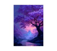 TERUEA Tableau mural fleurs sur toile pour salon, Arbre feuillage violet château médiéval falaises montagne rocheuses Art mural sur toile, peinture à de jardin fleur (Violet)-80x120cm Sans cadre
