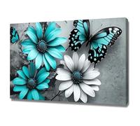 TERUEA Tableau mural fleurs sur toile pour salon, Paon Turquoise Marguerite - Peinture décorative - Affiches murales et image d'art(Gray)-60x90cm1 Encadrée