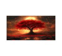 TERUEA Tableau mural Impression sur Toile Salon Arbre rouge avec pétales: Lune dorée, Ciel dramatique Design, Nature harmonieuse - pour une décoration élégante de salon(Orange )-30x60cm1 Sans cadre