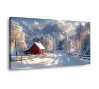 TERUEA Tableau mural Impression sur Toile Salon Cabane rouge Route forêt enneigée Art mural toile - Nature harmonieuse - pour une décoration élégante de salon(Rouge )-40x80cm1 Encadrée