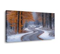 TERUEA Tableau mural Impression sur Toile Salon Route forêt enneigée Orange-Blanc Feuilles automne Design, Nature harmonieuse - pour une décoration élégante de salon(Orange )-30x60cm1 Encadrée