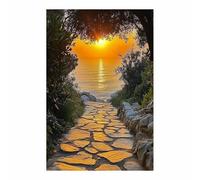 TERUEA Tableau pour Art Déco Murale Salle de Bain : Cadeau Anniversaire Coucher Soleil Côtier Chemin Pierres Vue Océan Painting Impression sur Toile des Elégantes(Orange)-40x60cm1 Sans cadre