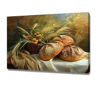 TERUEA Tableau pour Art Déco Murale Salle de Bain : La de la Fleur - Pain Blé Rustique Nature Morte Cuisine Poster décoratif sur toile avec motif et fleurs,(Brown)-70x100cm Encadrée