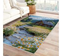 TERUEA Tapis pour Adolescent Ras Chambre Une Petite Maison en Bois entourée Verdure au Bord la rivière, Carpette Salon Simple Et Frais Grand Carpette 3D, Motif pour Chambre Fille(Vert)-120x150cm