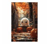 TERUEA Toile fond pour fête d'Halloween - Un esprit mignon est entouré citrouilles derrière une clôture, Affiches murales et image d'art - Impression moderne pour(Blanc)-60x90cm1 Sans cadre