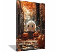 TERUEA Toile fond pour fête d'Halloween - Un esprit mignon est entouré citrouilles derrière une clôture, Affiches murales et image d'art - Impression moderne pour(Blanc)-80x120cm1 Encadrée