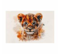 TERUEA Toile murale à représentant un animal Poster, Lionceau aquarelle aux éclaboussures Image représentant un animal - Pour salon, chambre à coucher, bureau(Orange)-80x120cm1 Sans cadre