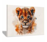 TERUEA Toile murale à représentant un animal Poster, Lionceau aquarelle aux éclaboussures Image représentant un animal - Pour salon, chambre à coucher, bureau(Orange)-20x30cm1 Encadrée