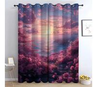 TERUEA Vert Motif Botanique Rideaux Occultants Roses Roses, Nuages dans Le Ciel 2 Panneaux Rideaux Peinture Chinoise,-H230 x L130 cm (2 Panneaux)