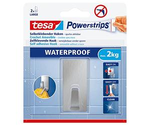 Tesa 597790000000 Crochet, Acier, Set de 2 Pièces , large | Crochet mural adhésif - Acier inoxydable - Résiste à l'eau - Pour pièces humides, carrelage et verre - S'enlève sans traces