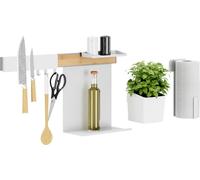 tesa Rangement de Cuisine Combiné L - Barre de Crédence Autocollante, Pot à Herbes, 2 Étagères, Porte-couteaux et Porte-rouleau, Barre à Crochets incl. 3 Crochets - Montage sans Perçage - Bambou/Blanc