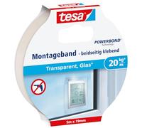 tesa 77741 - Ruban double-face 5 m x 19 mm Transparent | Ruban adhésif de montage transparent pour supports transparents et rigides en intérieur - Charge max. 20 kg par mètre