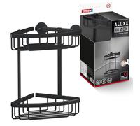 Tesa ALUXX BLACK Panier de douche d’angle à deux étages - Convient aux salles de bains modernes - Solution adhésive, sans perçage - Noir mat, 163 mm x 260 mm x 170 mm