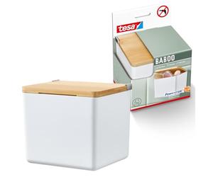 Tesa Baboo (S) - Boîte pour salle de bains avec couvercle bambou - Fixation au mur, sans perçage - Blanc, 122 mm x 110 mm x 102 mm Powerstrips Waterproof Strips XL