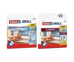 Tesa Calfeutrer Joint Portes & Fenêtres - Comble TOUS les espaces Premium - Joint en Silicone Adhésif - Transparent - 6 m x 9 mm x 7 mm & Calfeutrer Bourrelet caoutchouc profil D 6m x 9mm x 3-7mm