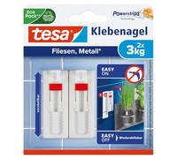 tesa Clou Adhésif Ajustable pour Carrelage & Métal 3kg - Clou Autocollant pour Surfaces Lisses et Solides dans les Salles de Bains et Cuisines - 2 Clou Adhésif Ajustable pour une Capacité de 3 kg