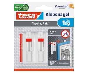 tesa Clou Adhésif Ajustable pour Papier Peint & Plâtre 1kg - Hauteur Ajustable - Paquet de 2 Clous Adhésifs et 6 Languettes Adhésives