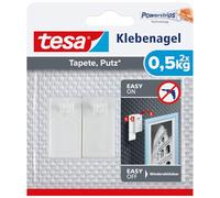 tesa Clou Adhésif pour Papier Peint & Plâtre 0,5 kg - Paquet de 2 Clous Adhésifs et 6 Languettes Adhésives